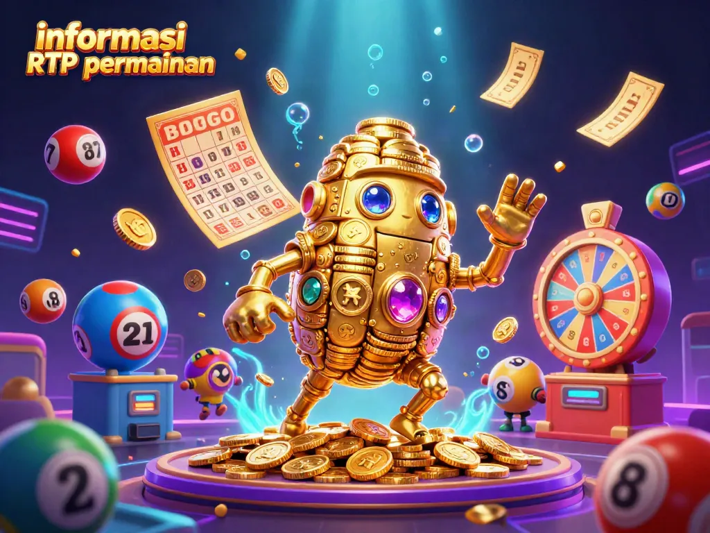 Memenangkan informasi RTP permainan dengan ilustrasi 3D golem emas dan elemen kasino menarik.
