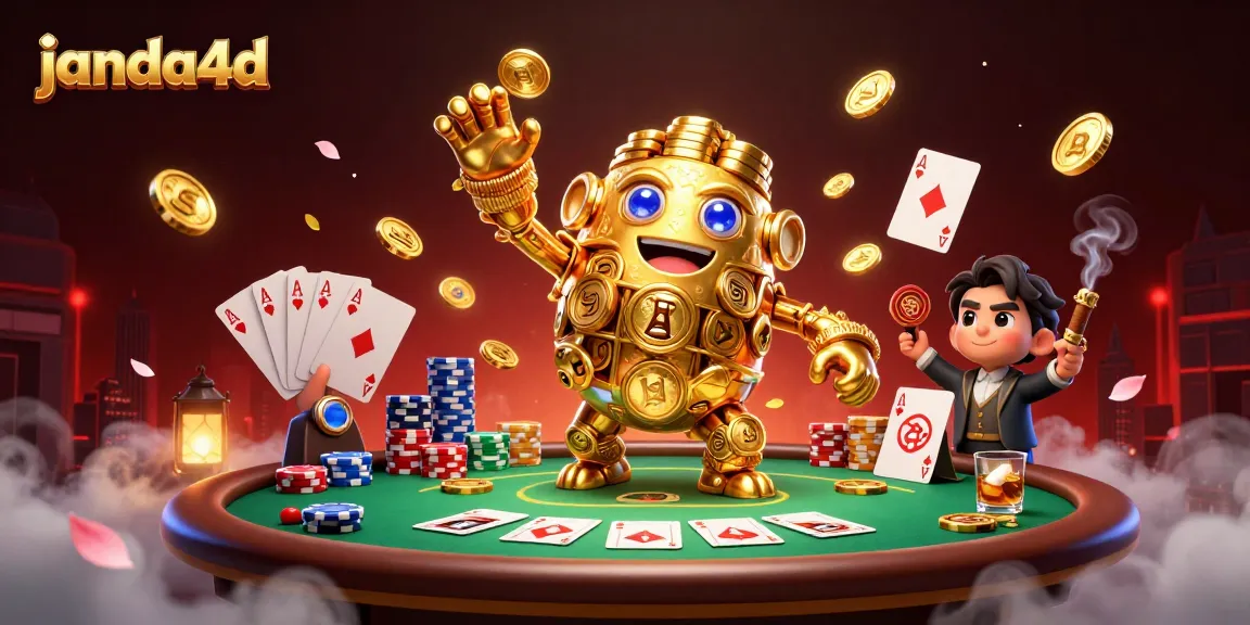 Menangkan permainan di janda4d dengan golem emas yang berkilau dan meja poker meriah.
