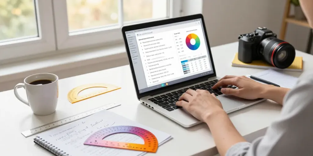 Calculator Online workspace with a person calculating and tools around, bright natural light