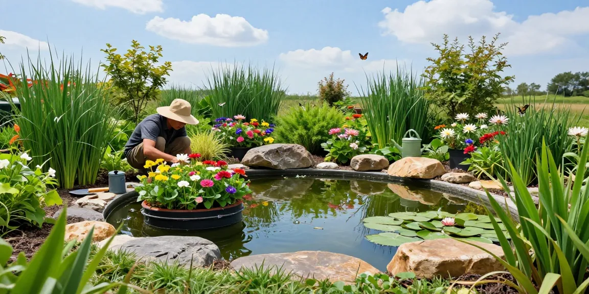 Buy Marginal Pond Plants while tending to vibrant blooms in a serene pond setting.