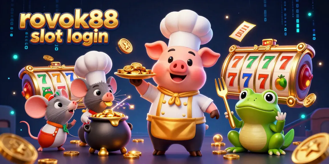 Experience excitement with rokok88 slot login featuring a gourmet pig chef serving gold coins amidst dynamic slot elements.
