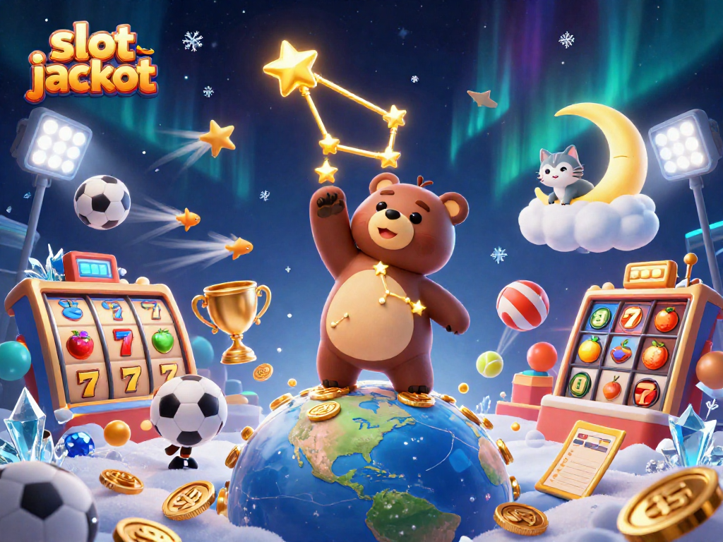 Engage with slot jackpot excitement featuring a cartoon constellation bear scooping coins amid dynamic slot reels.