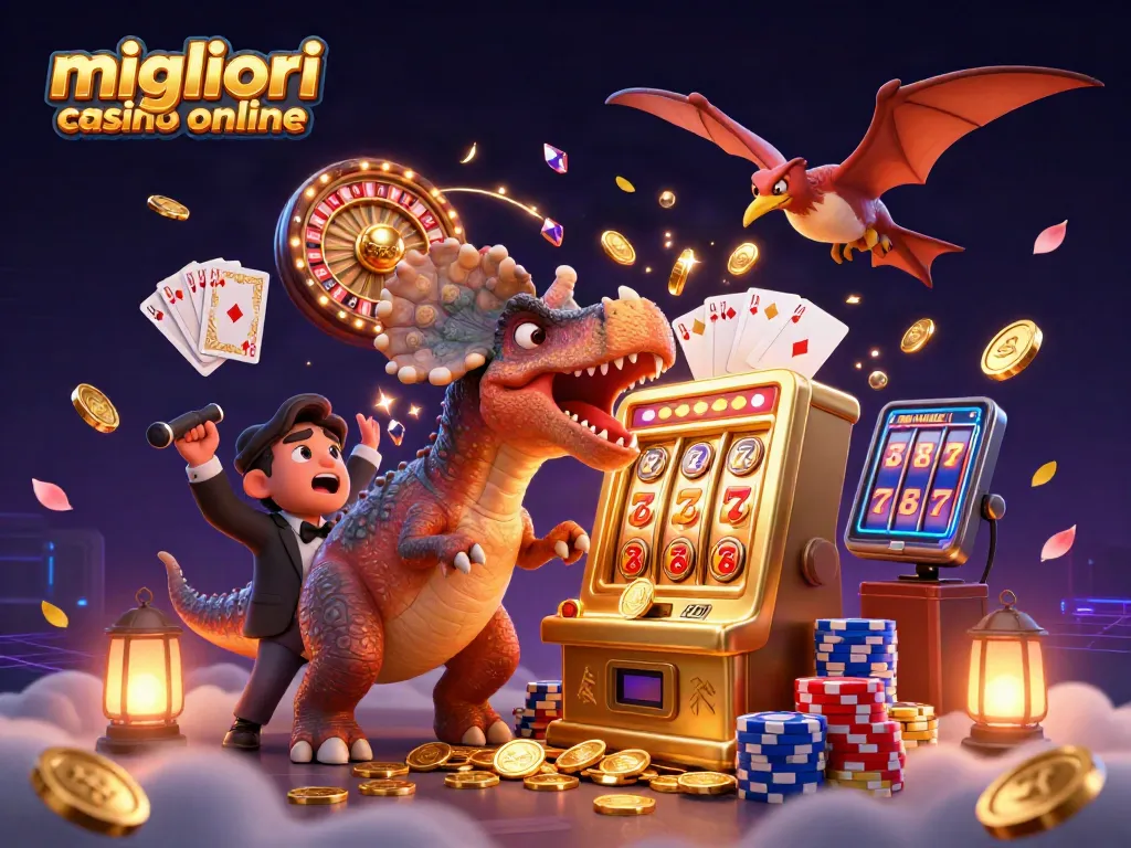Immagine dei migliori casino online con un pachycephalosaurus che colpisce una macchina delle slot mentre un ankylosaurus e un pteranodonte raccolgono monete volanti.