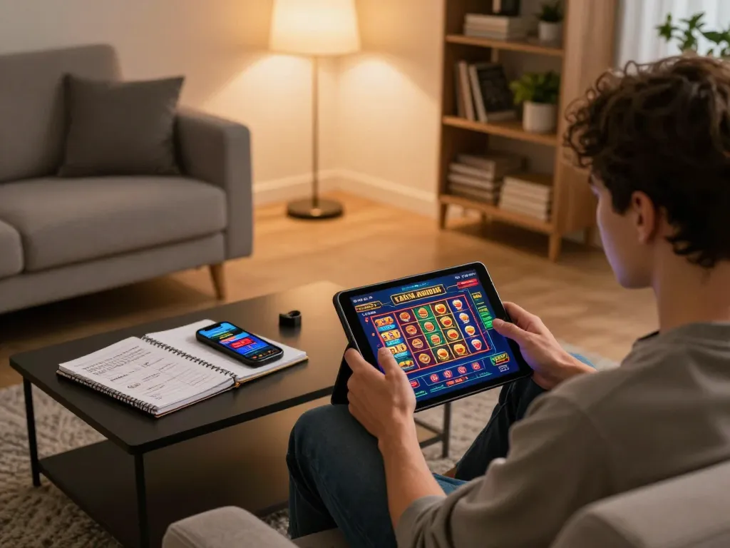 Engaging player using a tablet for casino senza registrazione gaming in a cozy home atmosphere.