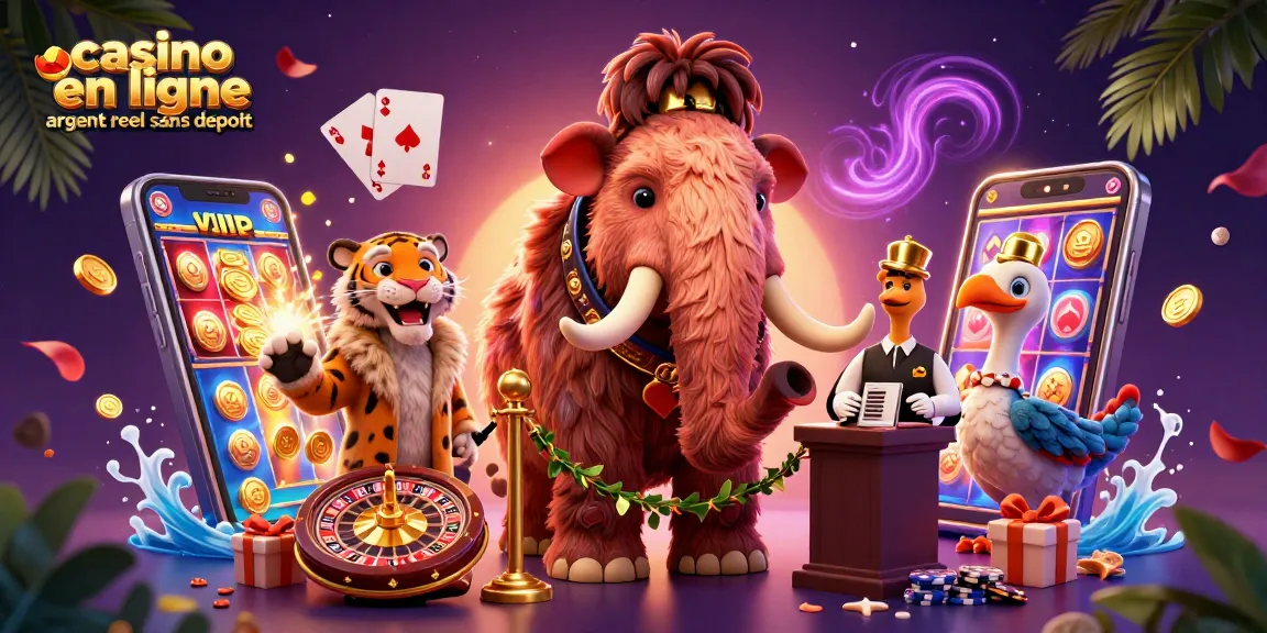 Casino en ligne argent réel sans dépôt avec un mammouth et un tigre sabre à l'entrée des jeux.