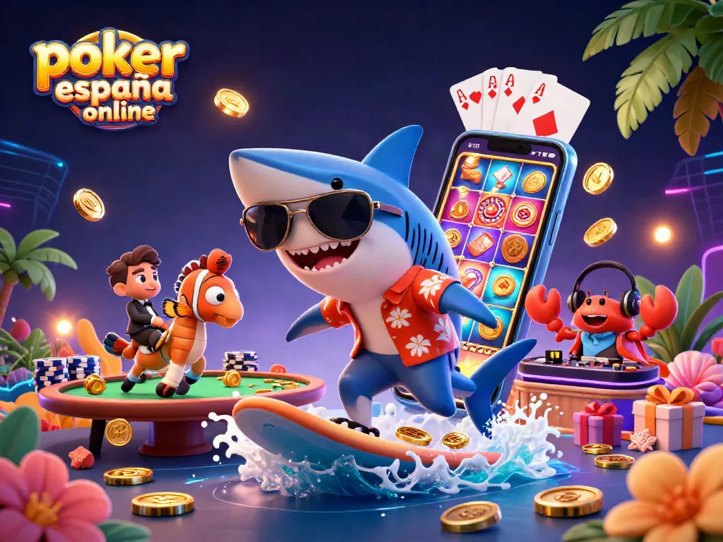 Juego de póker online en España con un tiburón en una playa dorada y un cangrejo DJ.