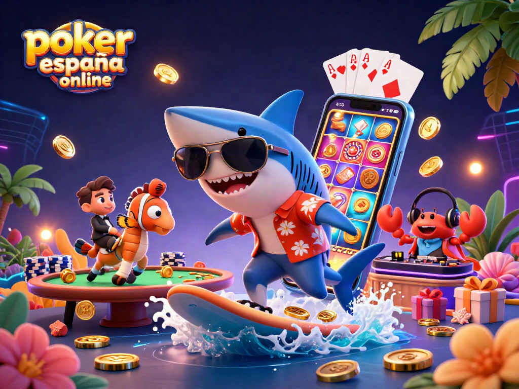 Juego de póker online en España con un tiburón en una playa dorada y un cangrejo DJ.