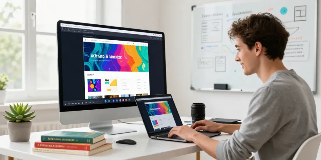 Marketer using an affordable AI ad image generator in a bright modern workspace.