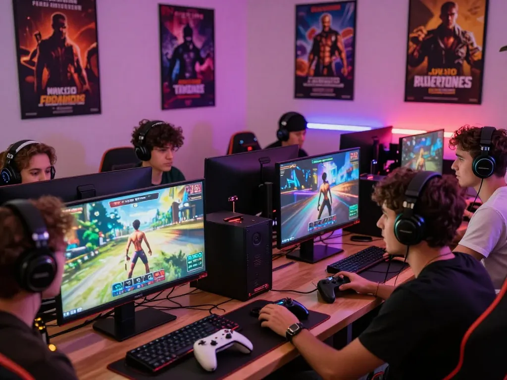 Engaged players enjoying real porn game multiplayer in a vibrant gaming lounge.