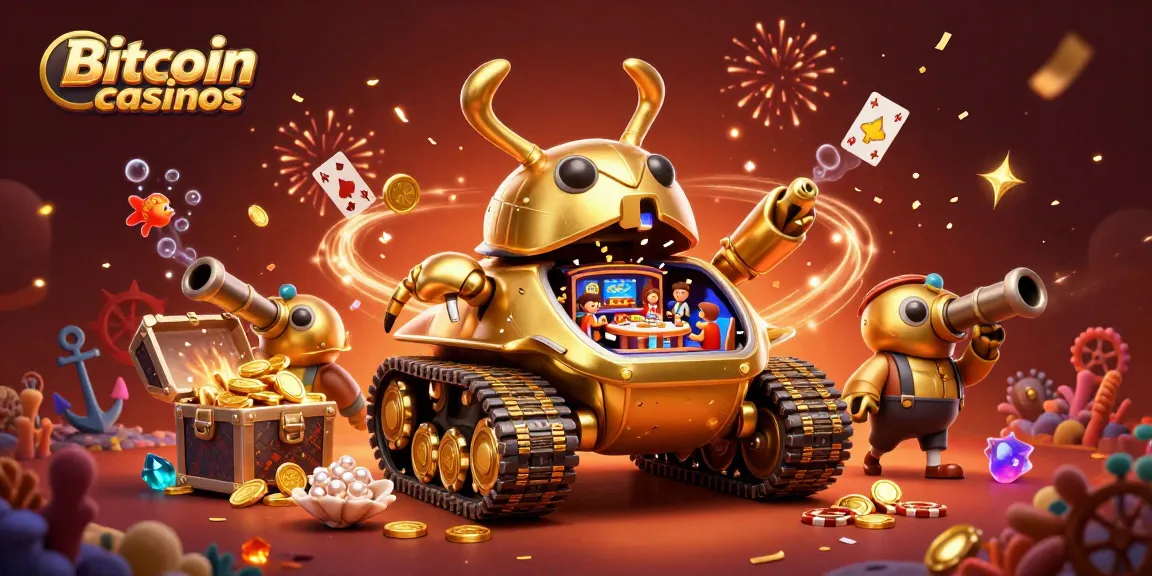 Découvrez les Bitcoin casinos avec un tank en or massif cachant un mini casino vibrant.
