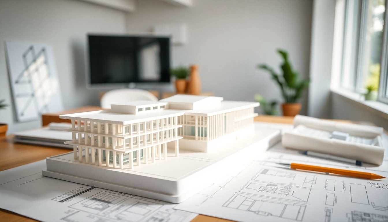 Wettbewerbsmodell einer modernen Architektur in einem hellen Studio.