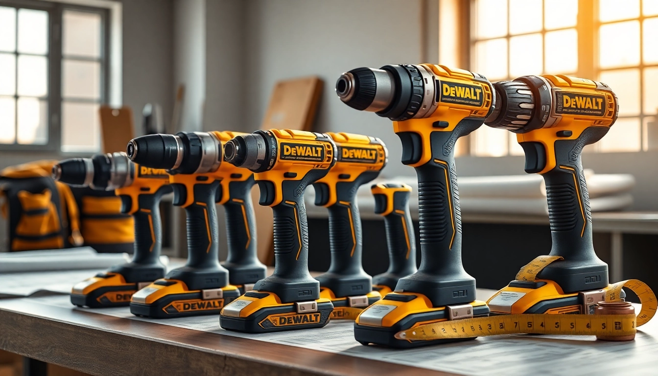 Kraftvolle DeWalt Taladro-Bohrer auf einer Werkbank ausgestellt, die ihre Eigenschaften in einem professionellen Umfeld hervorheben.