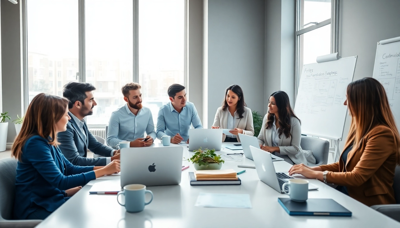 Collaborative business team focused on proposal writing and management in a bright office environment.