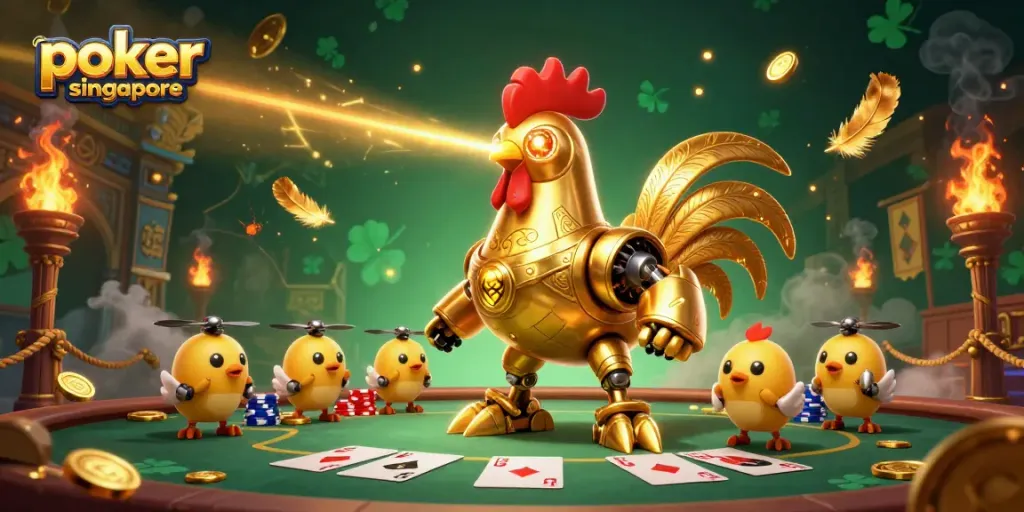 Play poker online in Singapore with a golden rooster robot and baby chick drones surrounded by chips and betting tokens