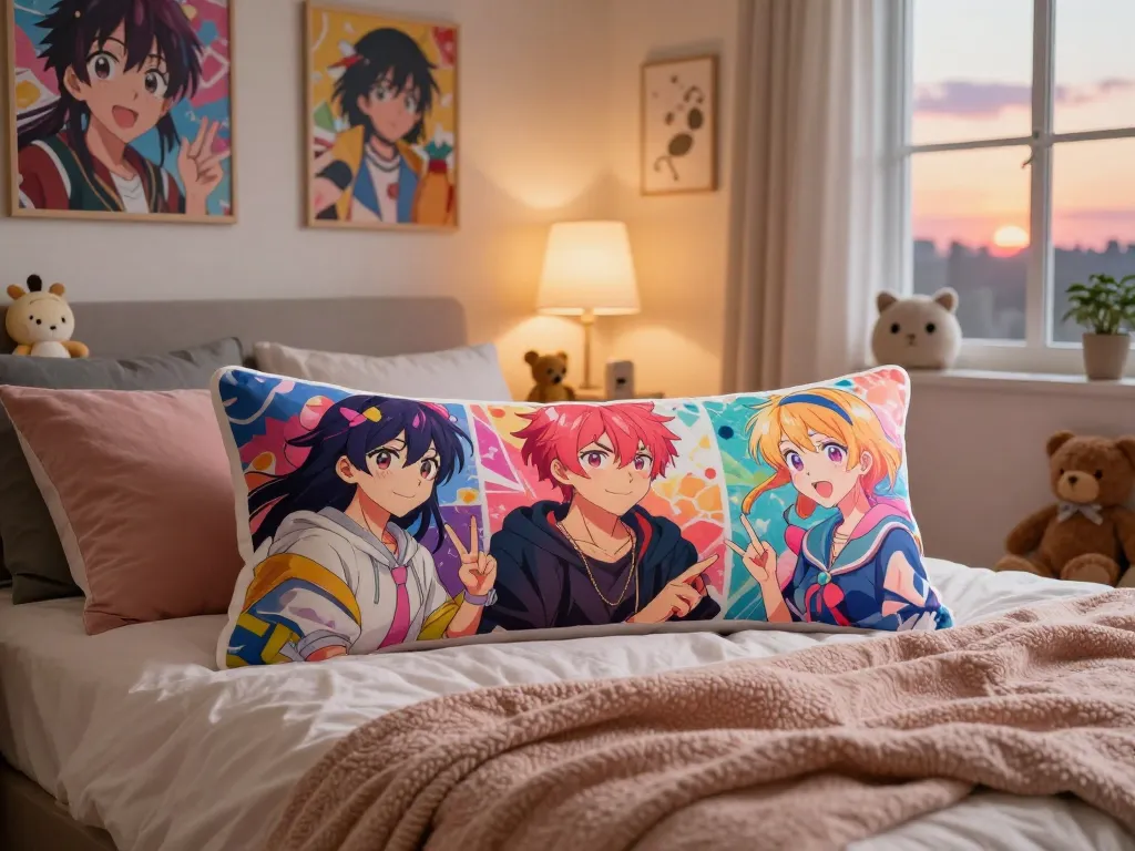 Custom body pillow with vibrant anime design in cozy bedroom setting.
