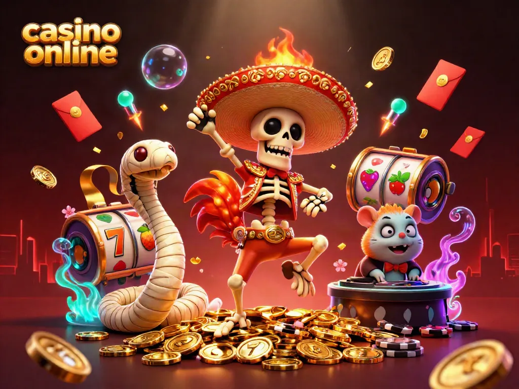 Disfruta de la emoción en casino online con un esqueleto mariachi y un DJ hámster rodeados de elementos de juego.