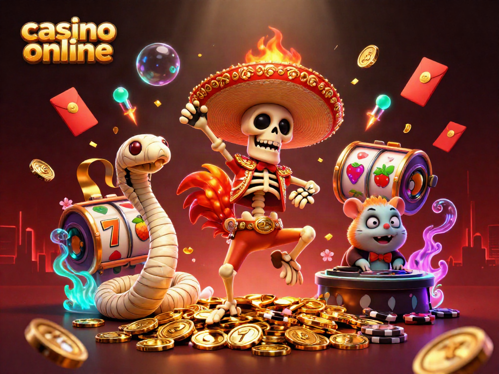 Disfruta de la emoción en casino online con un esqueleto mariachi y un DJ hámster rodeados de elementos de juego.