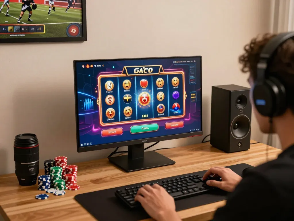Engaging in Link Slot Gacor gameplay on a vibrant desktop setup, dynamic online casino atmosphere illuminated warmly.