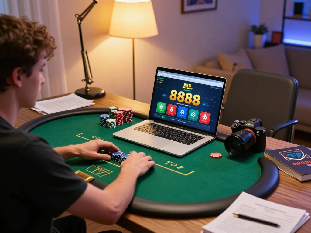 Engaging in online poker at home with 888top, dynamic scene showcasing strategy notes and a laptop interface.