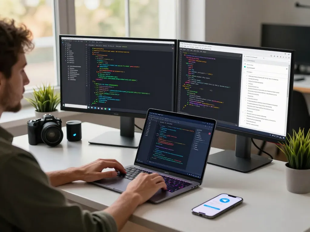 Developer using Telegram 电脑版 on dual monitors in a modern workspace.