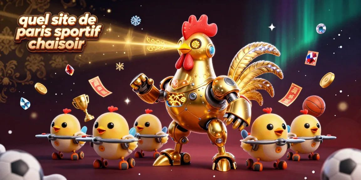 Pariez mieux avec quel site de paris sportif choisir, un robot coq futuriste illuminé rayonnant dans l'univers des paris sportifs.