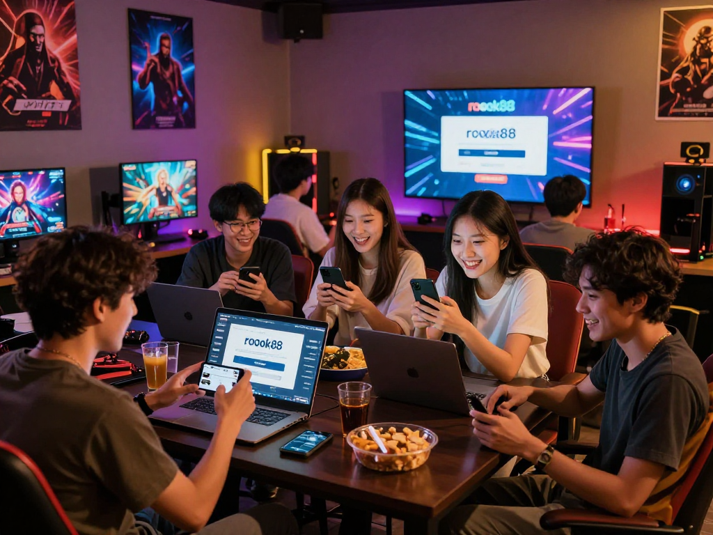 Group of friends around a screen celebrating the rokok88 login in a vibrant gaming lounge.