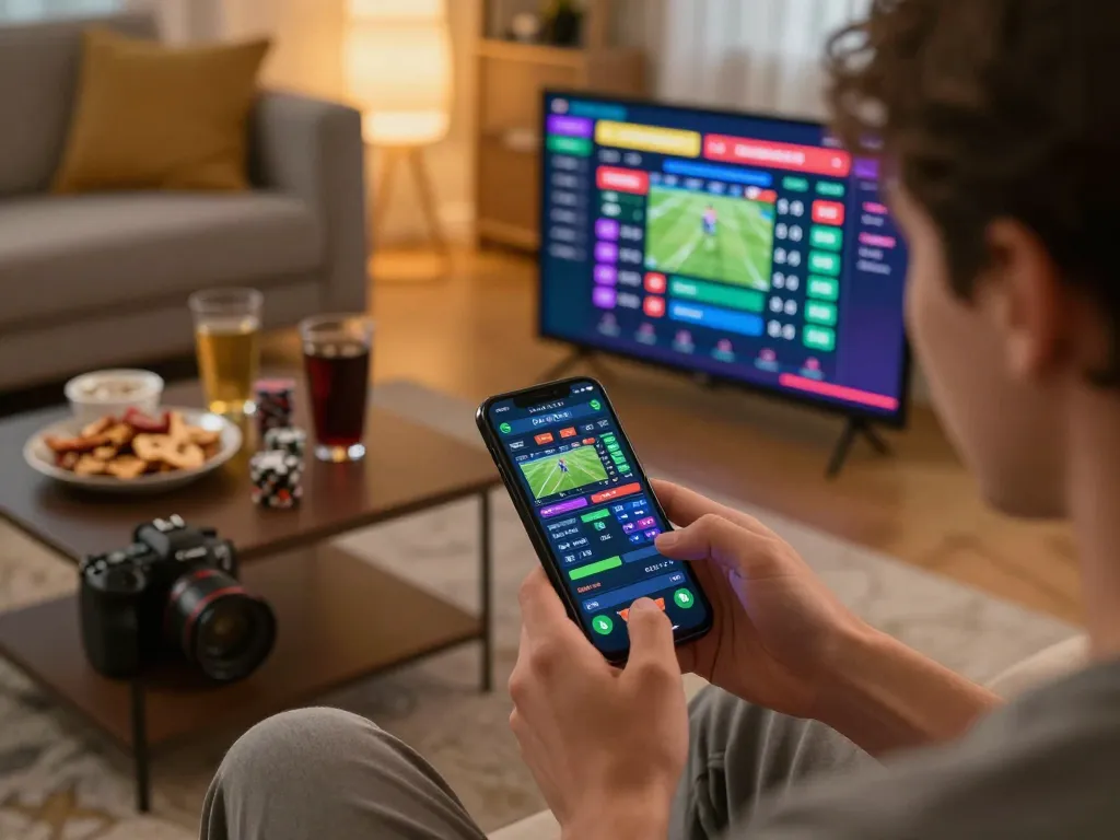 Betting on sports with 888top on a smartphone, cozy home setting, and engaging odds display.