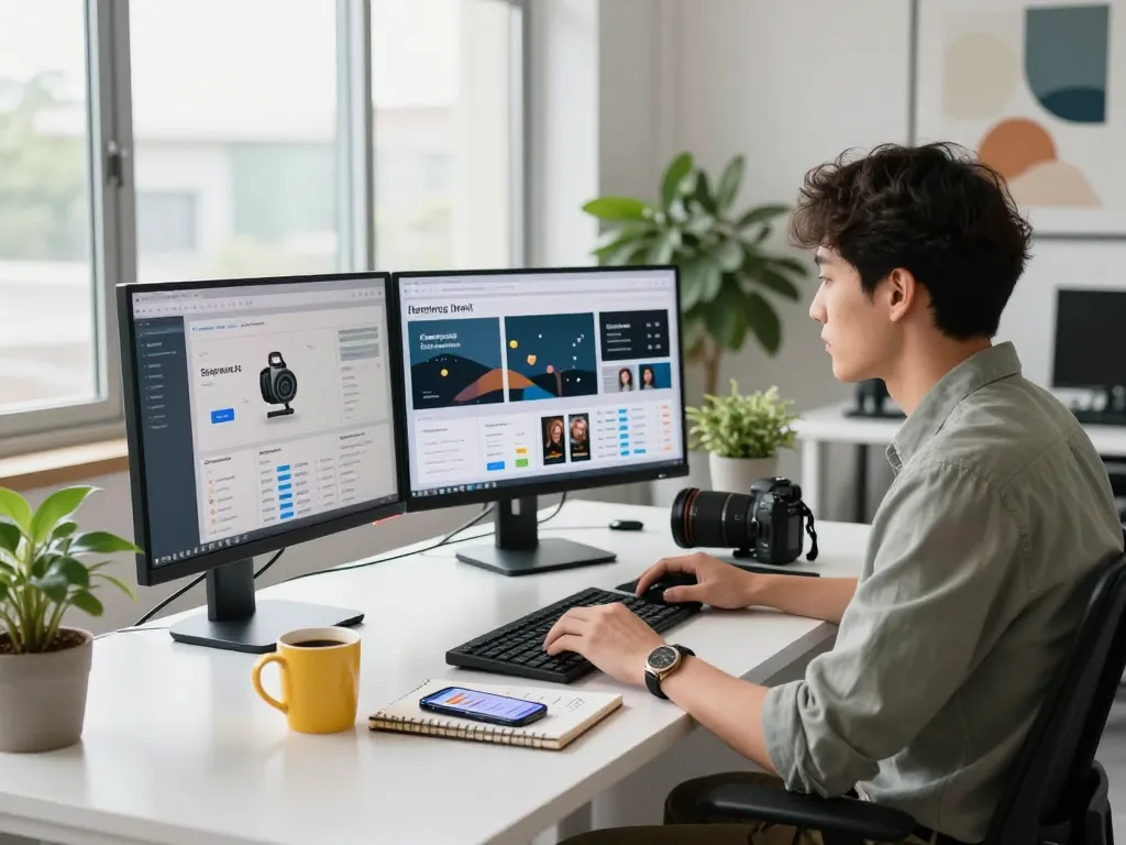 Purchase PLR Content in a modern digital marketing workspace with analytics on screen.