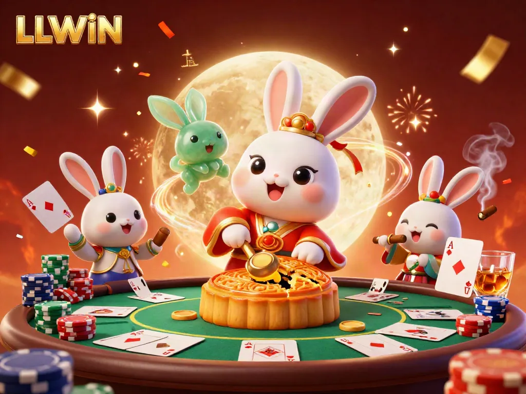 Experience the thrill of LLWIN with a vibrant illustration featuring a moon rabbit and poker elements.