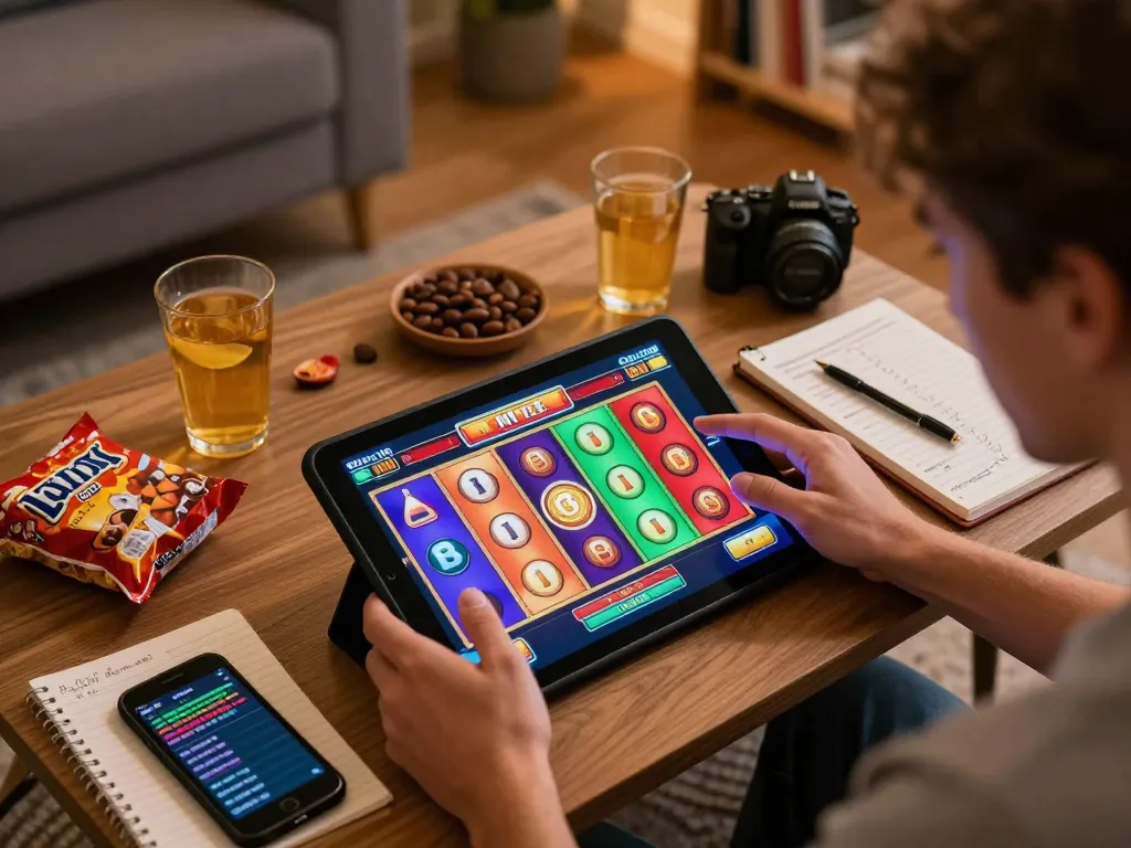 yowes jp player enjoying online slot gaming on tablet, surrounded by snacks in cozy living room