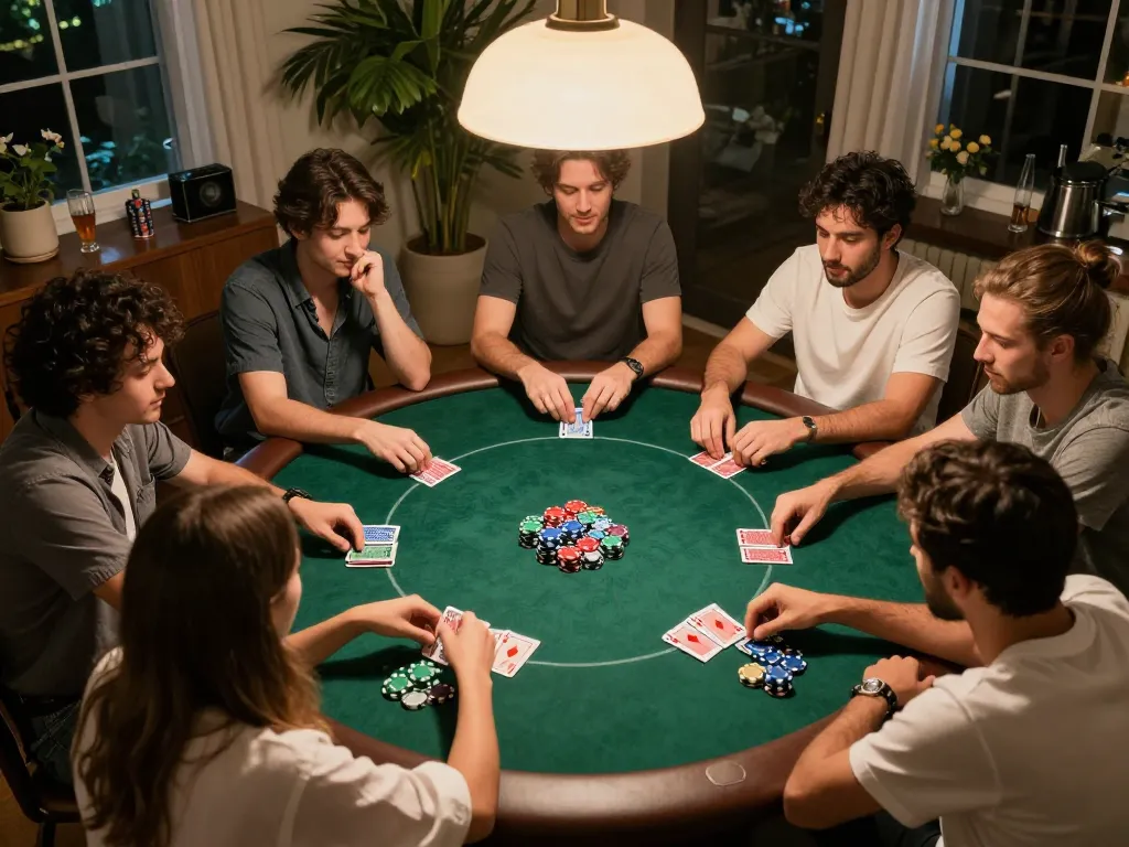 Sahabat yang terlibat dalam permainan poker yang meriah, menunjukkan kartu dan chip di lingkungan rumah yang nyaman.