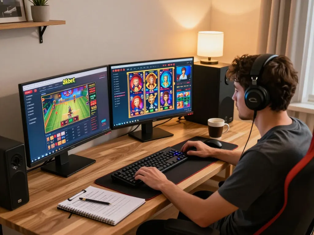 Engaged player competitive in online gaming at 8kbet casino, focused on multiple screens and strategy notes.
