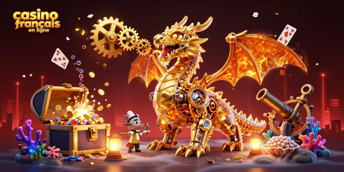 Jouez au casino français en ligne avec l'illustration riche en détails d'un dragon mécanique et trésors sous-marins.