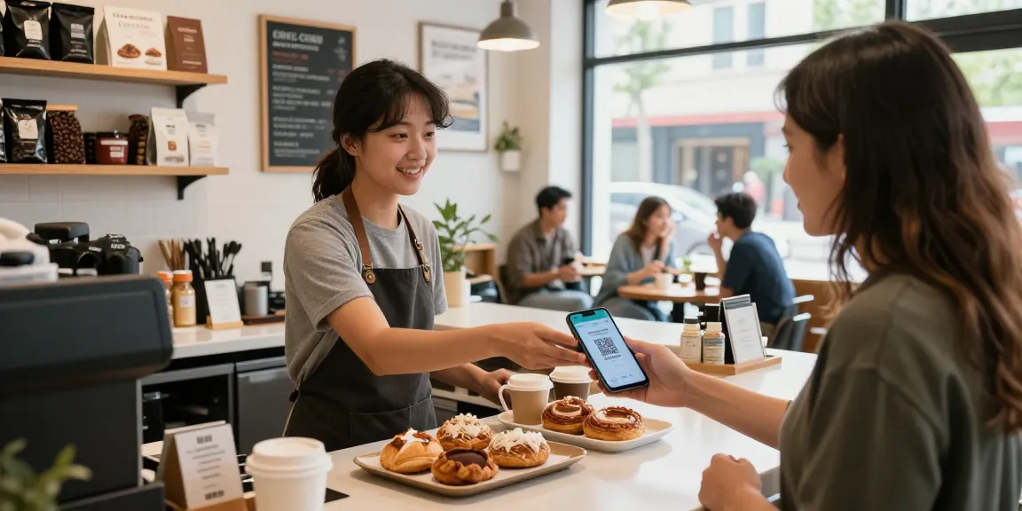 Barista and customer engaging over a loyalty app at a coffee shop, showcasing the benefits of using a loyalty app