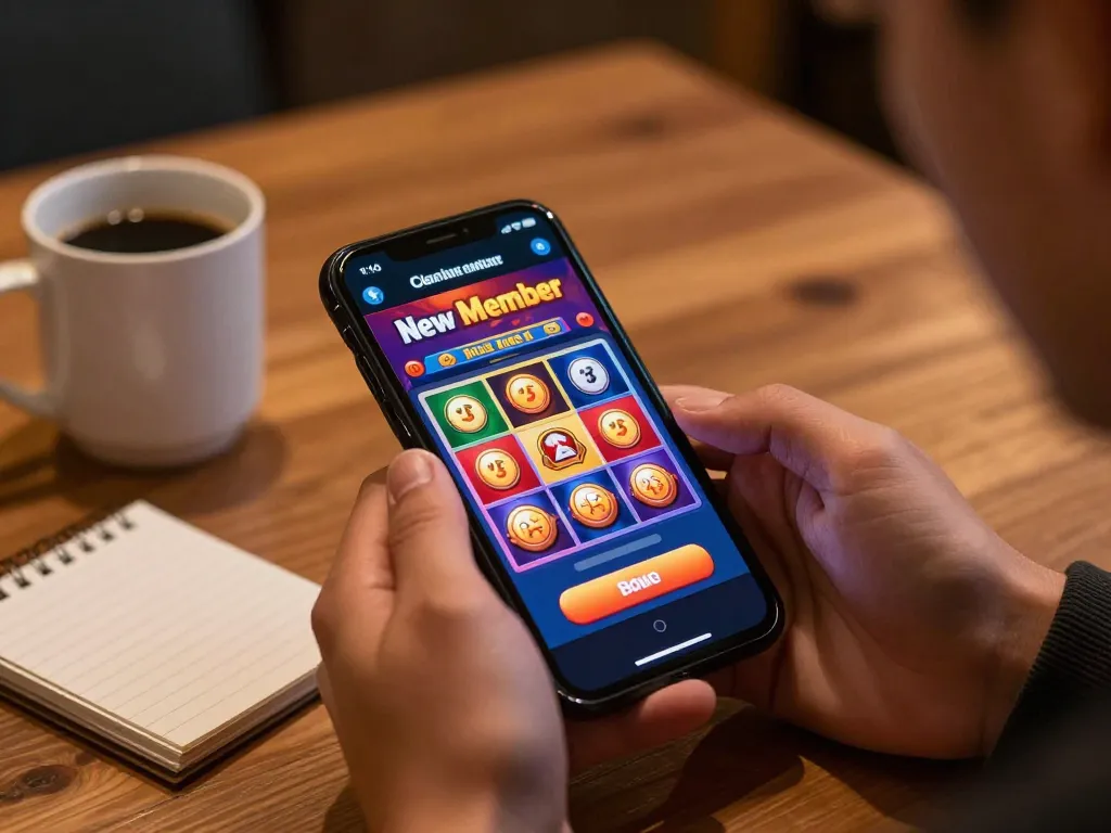 Engaging mobile gaming experience featuring bonus new member offer on smartphone while enjoying online slots.