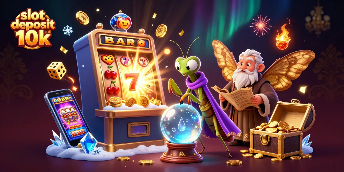 Engage with an exciting slot deposit 10k scene featuring a fortune teller and ancient scrolls amidst a jackpot explosion.