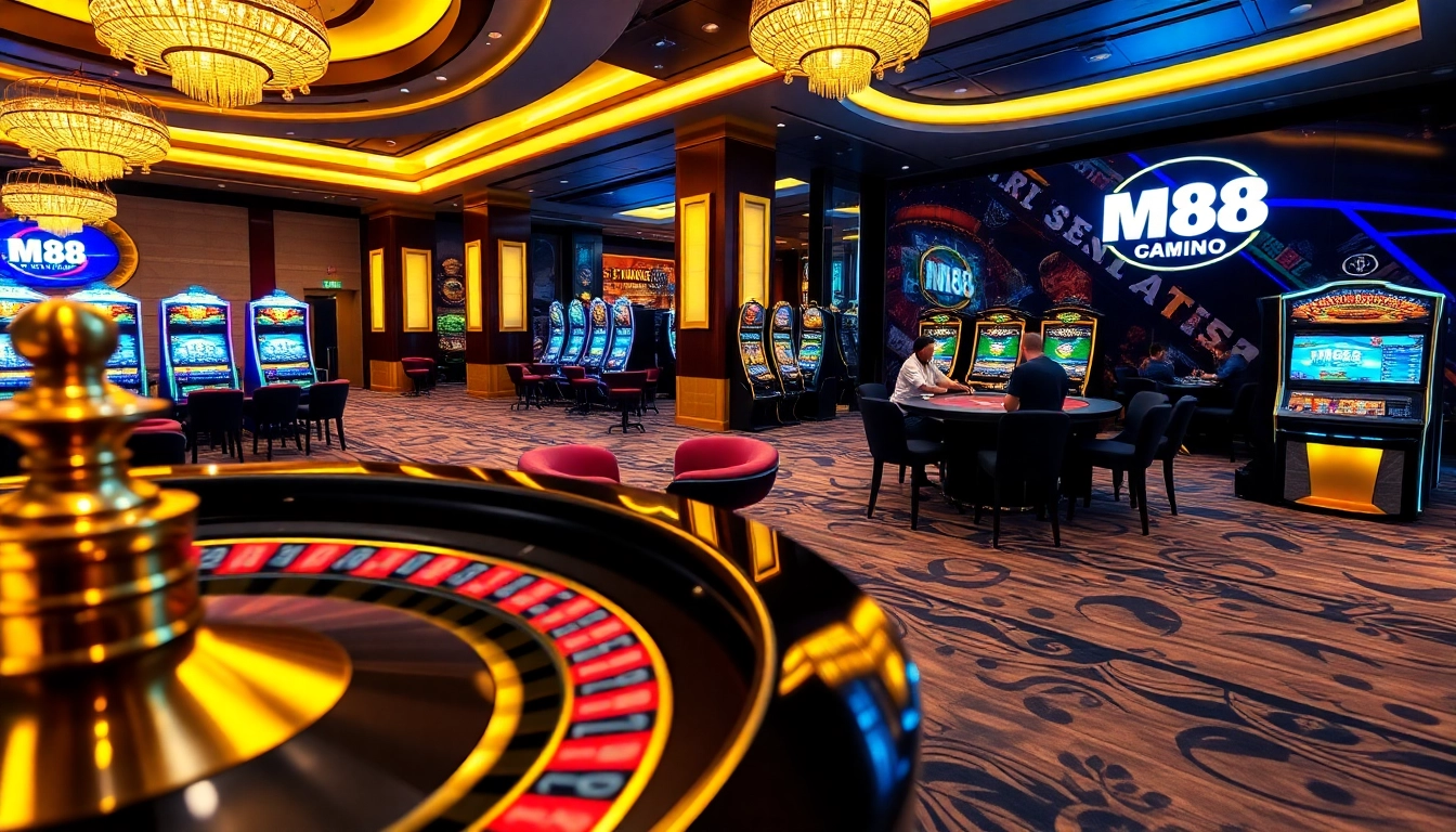 Gamblers at https://mm88.land/ engage in thrilling card games and vibrant slots on a luxurious casino floor.