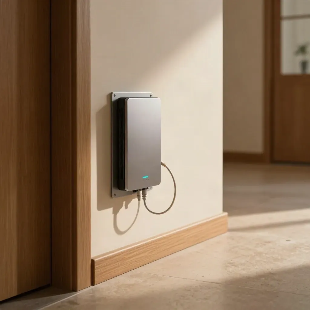 Fiber handoff cabinet and wall termination in a warm office nook with a glowing cyan link