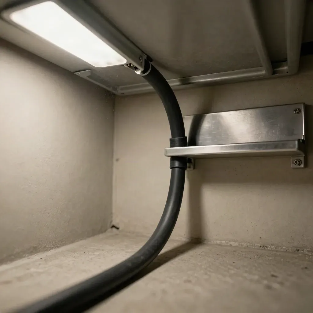 Floor-level view of a fiber cable run turning into a ceiling tray in a riser closet.