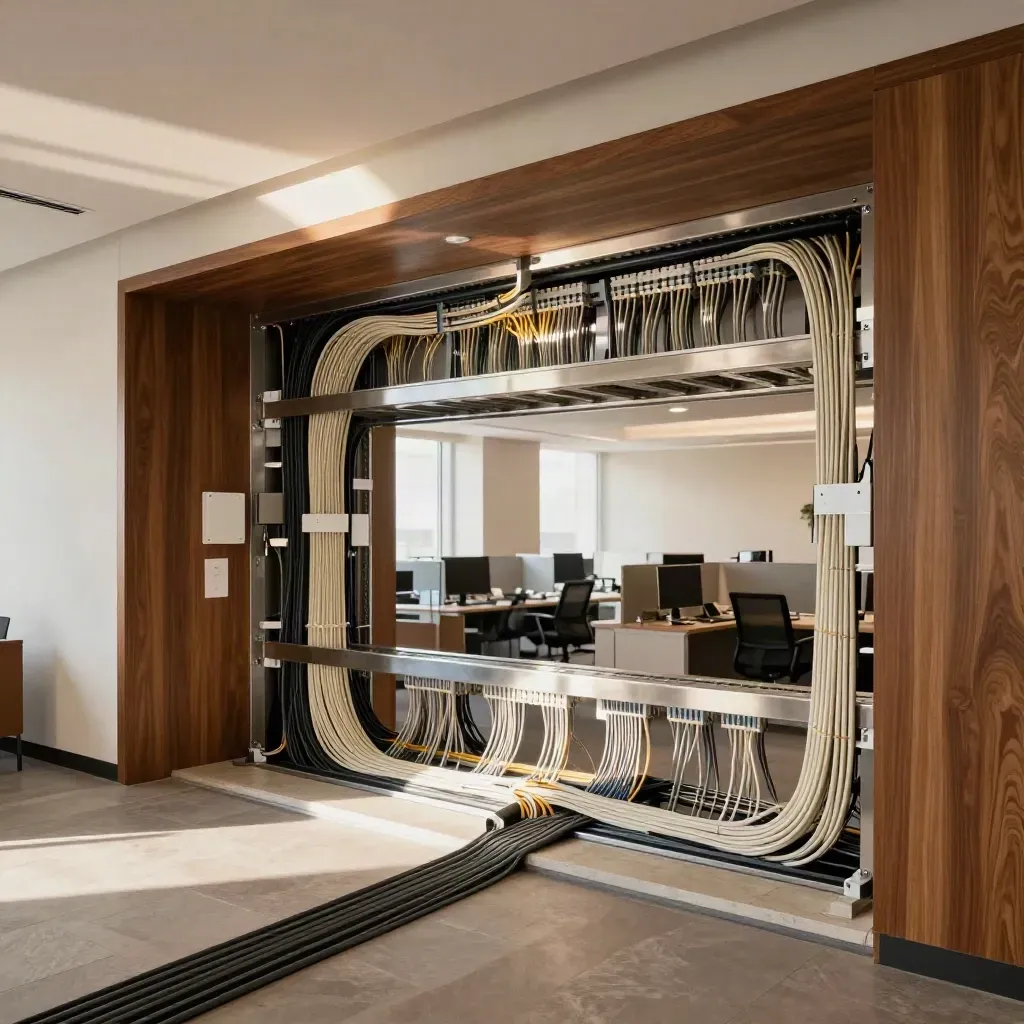 Neat structured cabling in a finished office ceiling void with warm daylight and white access points.