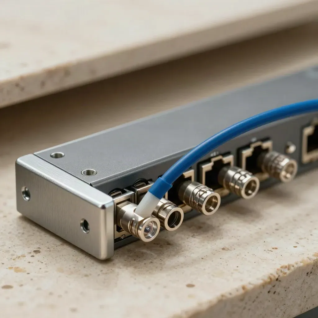 Extreme macro of fiber network design parts on pale travertine with a deep blue accent.