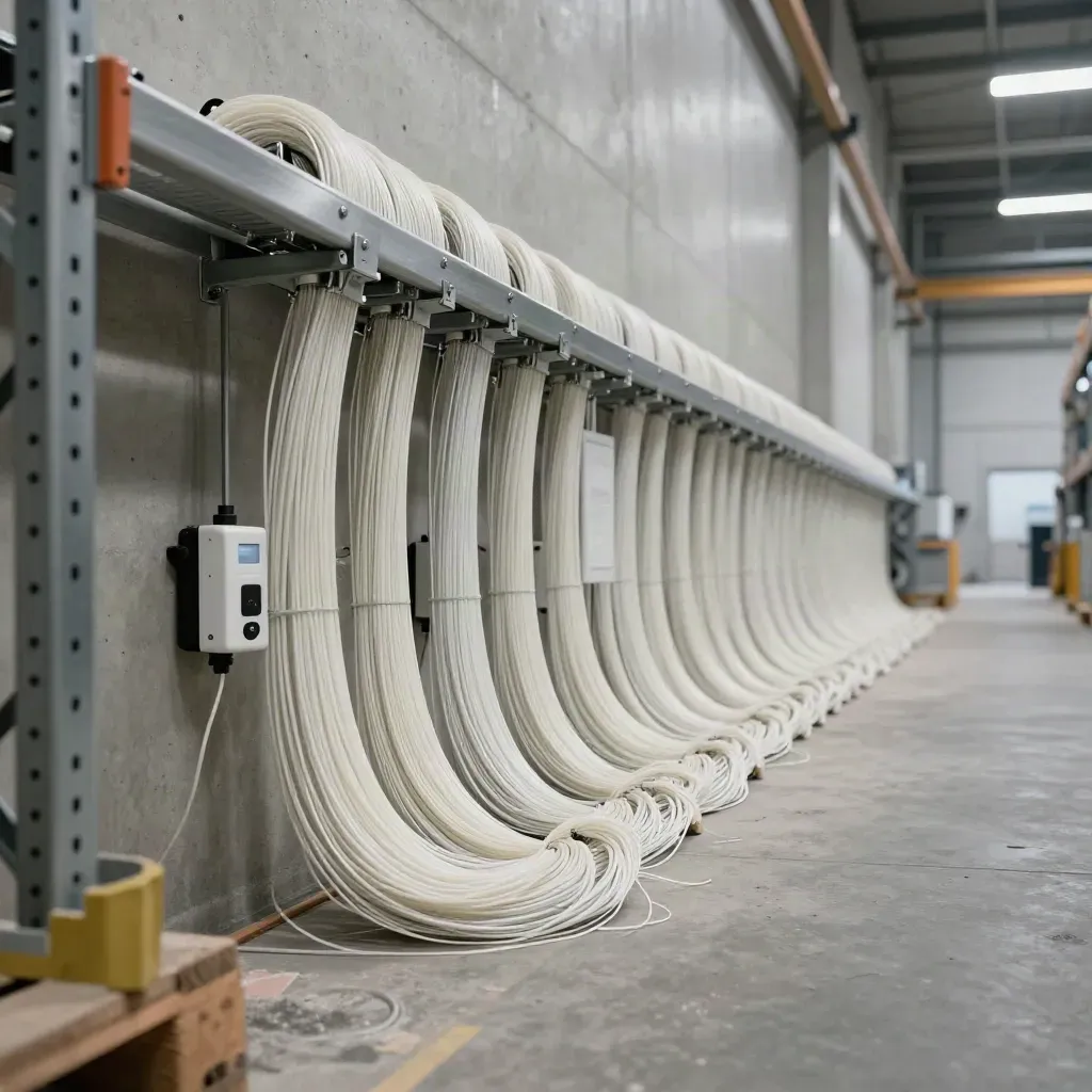 Clean warehouse aisle with overhead fiber cabling, scanner docks, and a neat wall run.