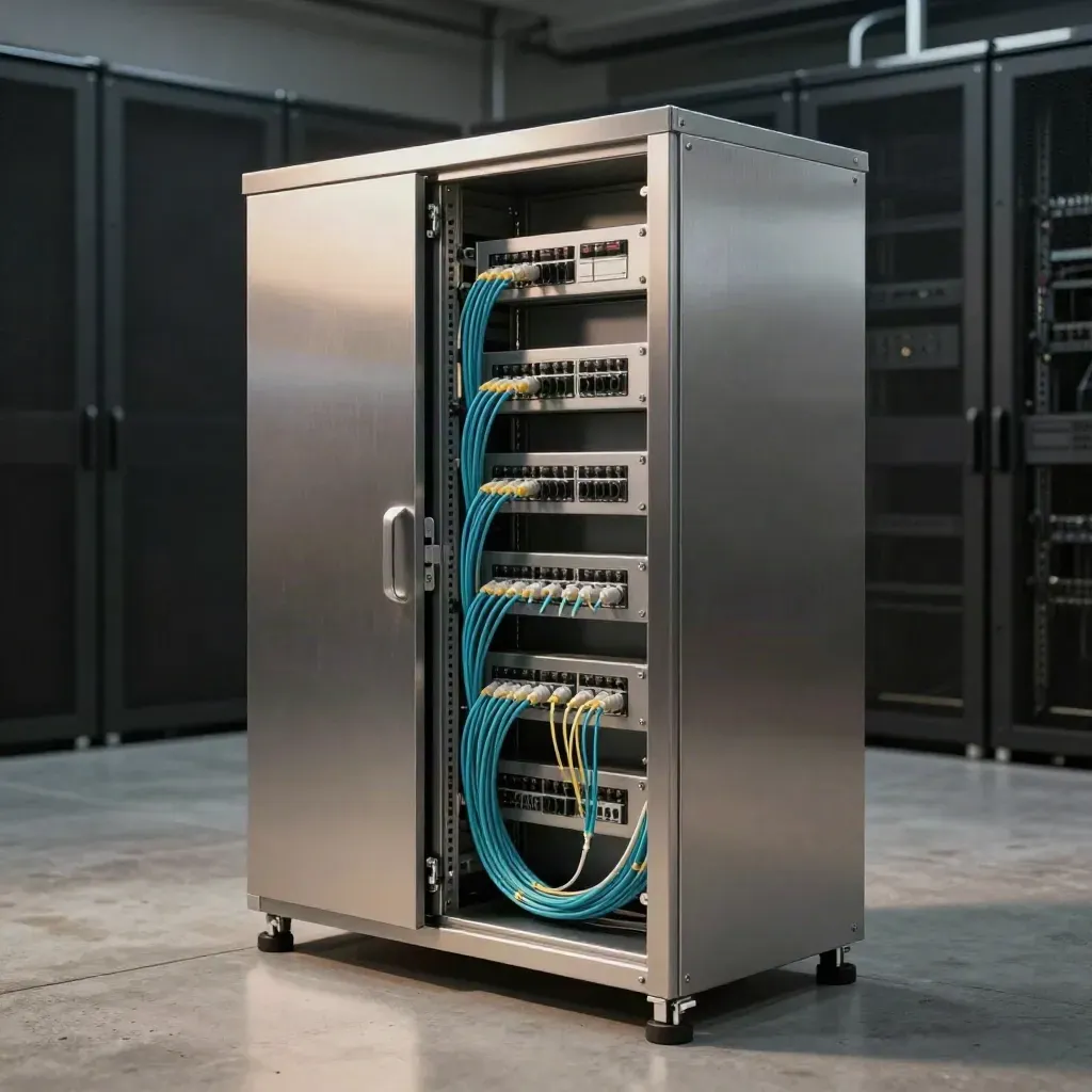 Fiber upgrade cabinet with coiled loops and a cool cyan glow in a modern equipment room