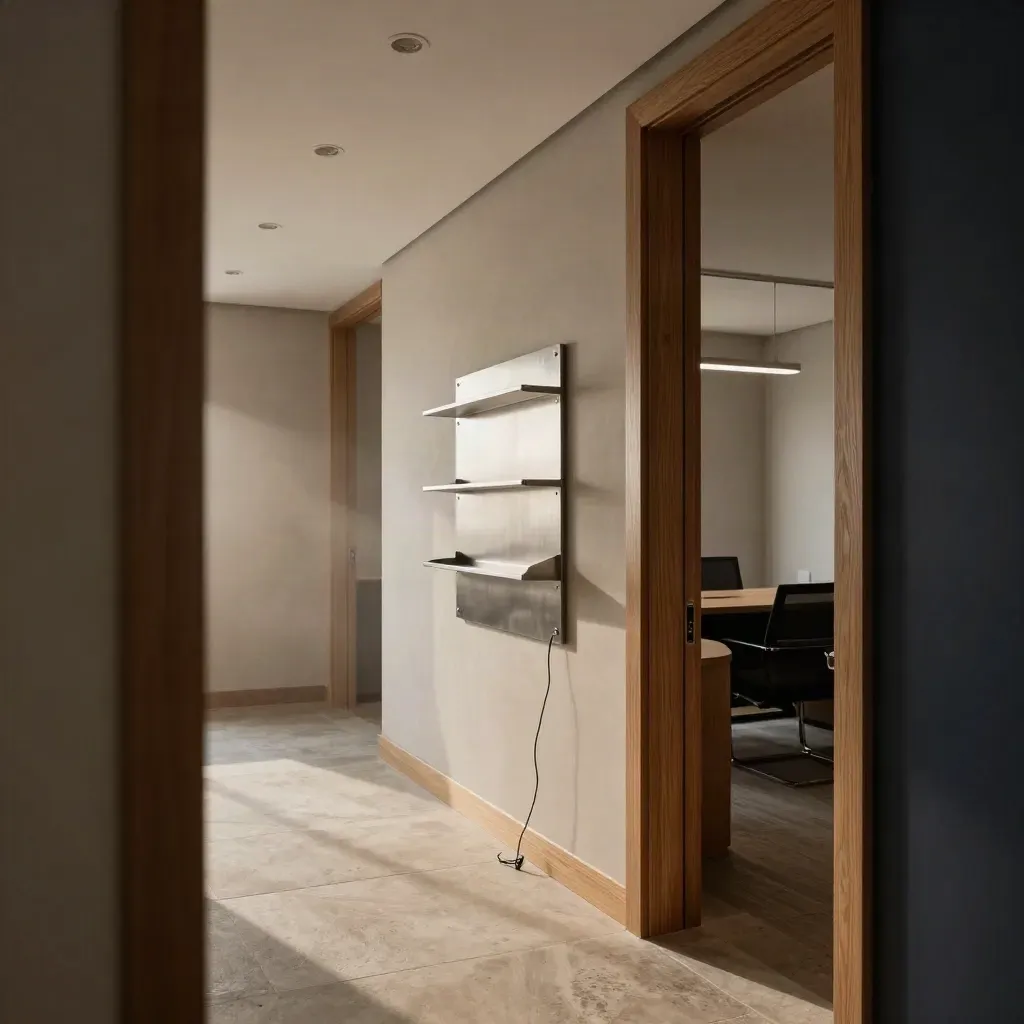 Empty law office suite with tidy fiber cabling, wall rack, and polished wood trim.