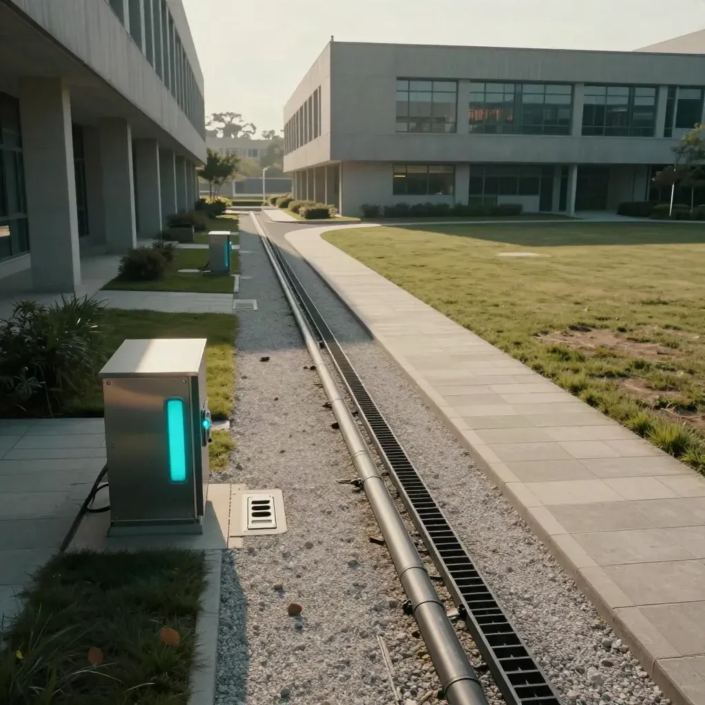 Campus fiber backbone with three buildings, conduit, lit vault and empty paths