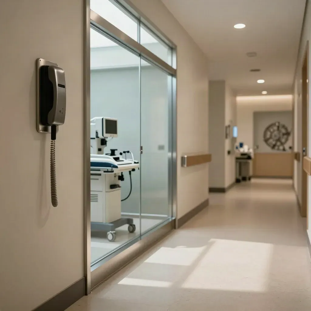 Clinic corridor with docked phones, imaging gear behind glass, and neat trunking