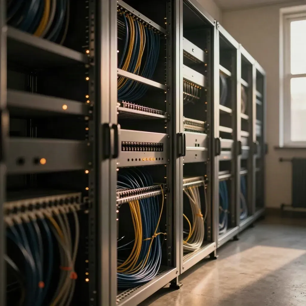 Organized fiber rack in a warm data room, ready for more network capacity.