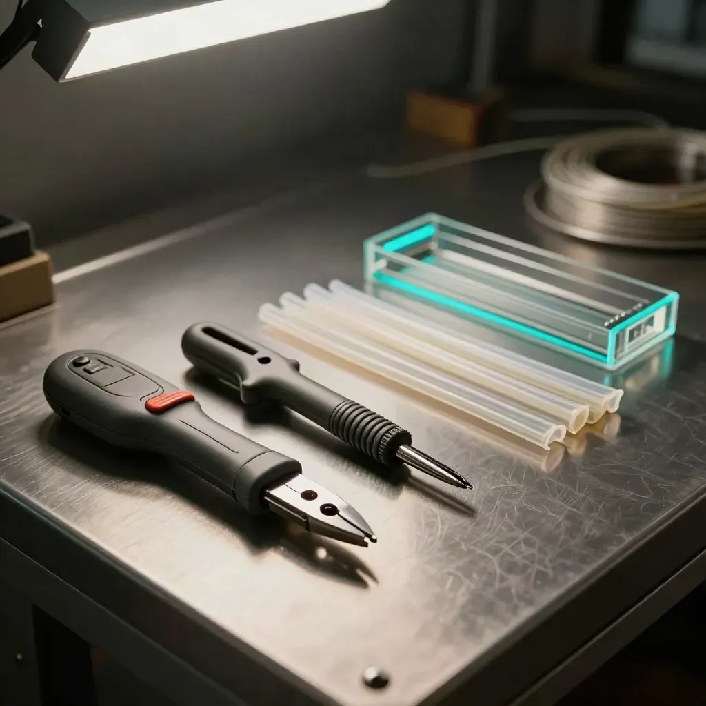 Fusion splicer kit, cleaver, splice tray and heat-shrink sleeves on brushed metal