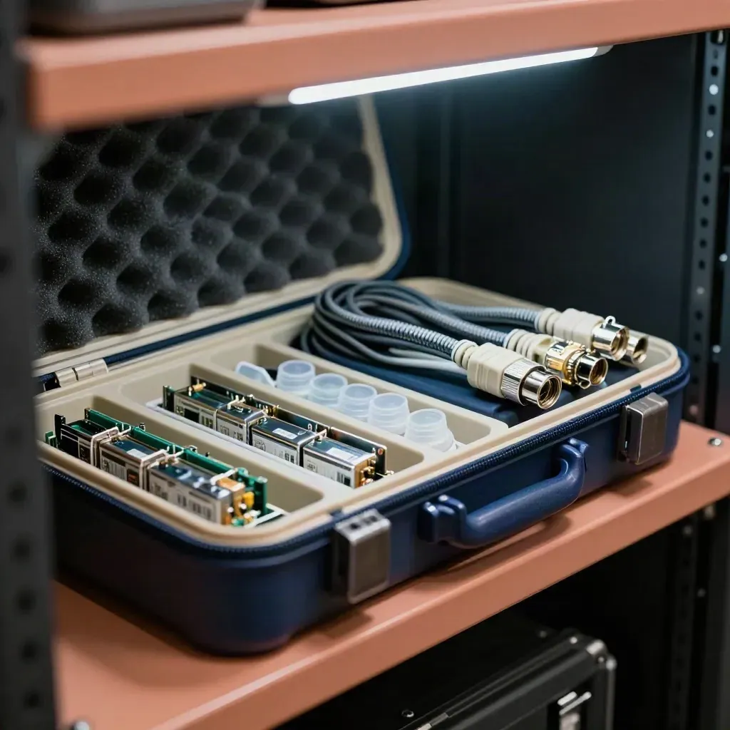 Open fiber service kit with tester case, SFP modules, dust caps and coiled patch leads