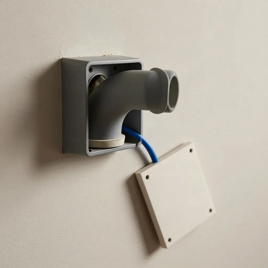 Overhead site-check flatlay of wall box, conduit elbow, cable grommet and ceiling tile on plaster.